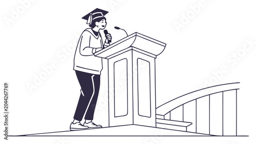 Graduate standing at a lectern speaking.