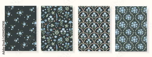 Elegant dark floral seamless patterns with blue forget-me-not flowers on charcoal background. Four botanical repeat designs for fabric, wallpaper, textile, scrapbooking and surface design.