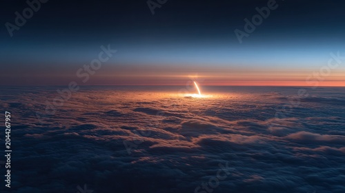 Rocket launch piercing twilight clouds, illuminating horizon