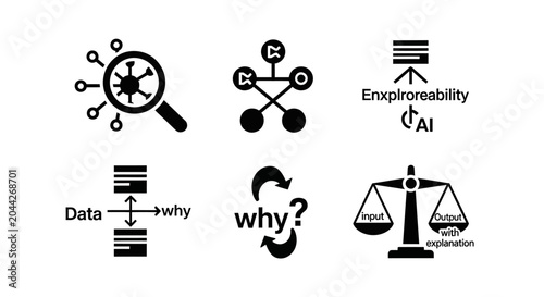 AI Concepts Icons: Data, Explanation, Analysis, Network, Decision