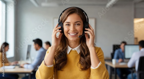 Smiling woman operator wearing headset in modern office. Customer support specialist ready for communication. Professional consultant helping clients in call center. Remote work team concept.