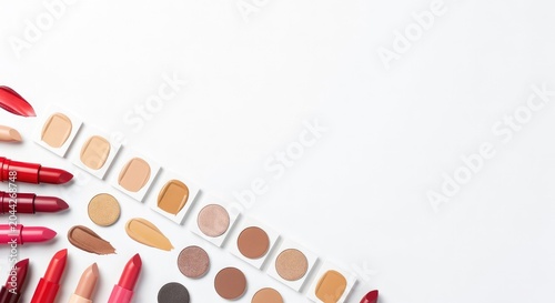Assortment of lipsticks and makeup foundation swatches on white background. Beauty cosmetic products for face make up. Professional makeup artist kit for skin tone matching and styling.