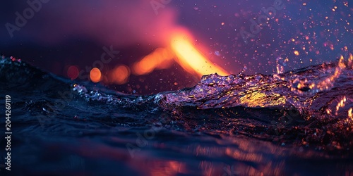 Fiery eruption illuminates dark, choppy water with glowing embers