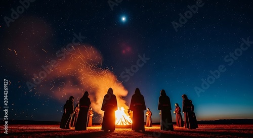 Group of people in hooded robes gathering around a bonfire at night