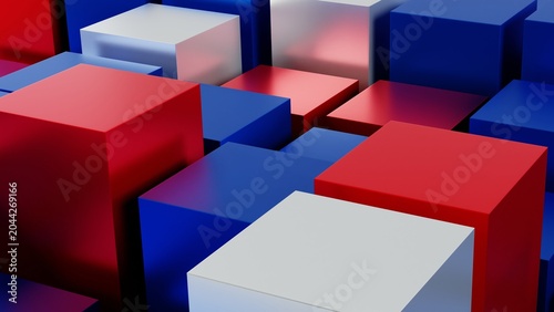 Metallic red, blue and white 3D cubes arranged at varying heights as an abstract geometric wallpaper illustration.