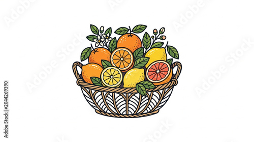 Quadro su tela Basket of fresh citrus fruits with leaves and branches.