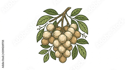 Bunch of ripe longan fruits hanging from a branch with green leaves.