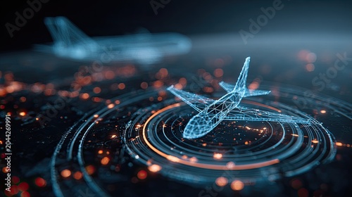 Futuristic digital blueprint of an aircraft within a glowing network