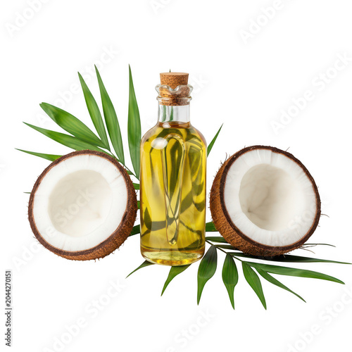 A bottle of coconut oil surrounded by fresh coconuts and palm leaves.