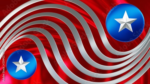 Silver star on dark blue metallic circle and 6 wavy silver lines resting on red glossy fabric in an abstract 3D style for US Independence Day patriotic wallpaper design.