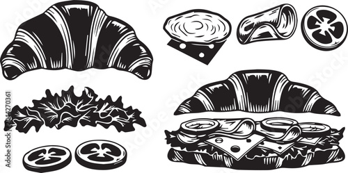 Schilderij op canvas Croissant Sandwich Ingredients: Bakery Food Vector Icon Set