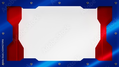 3D abstract patriotic wallpaper featuring red and blue metallic angular frames with screws on a clean white background.