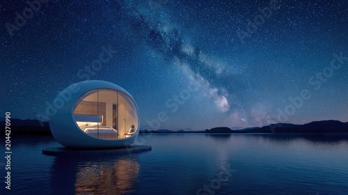 Futuristic spherical dwelling floats on water under starry sky