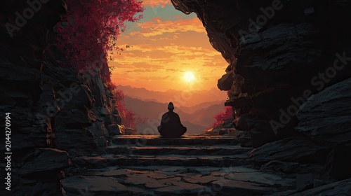 Silhouette meditating at sunrise on ancient stone steps
