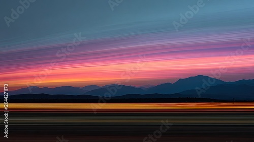 Streaks of vibrant color paint a serene horizon over silhouetted mountains