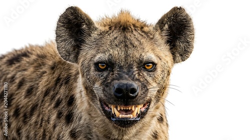 Close up portrait of a spotted hyena with a menacing grin isolated on white.
