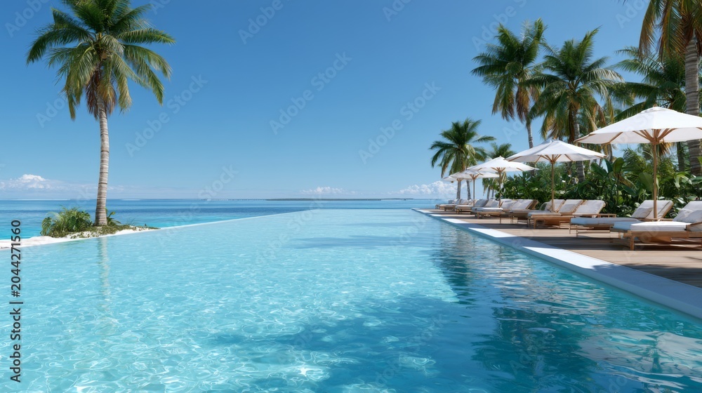 Fototapeta premium Luxury tropical infinity pool with palm trees white loungers and panoramic ocean view