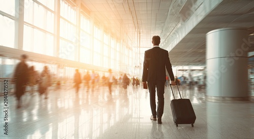 Man in suit with rolling suitcase walks through bright, modern airport concourse