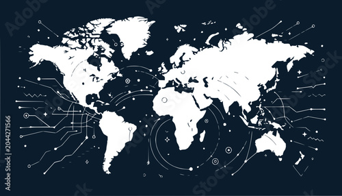 Global Network Connection Map - Digital World Map with Futuristic Technology Lines