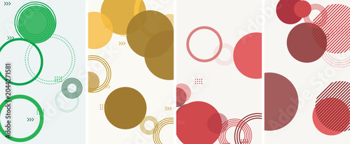 Overlapping geometric circles and linear patterns in four vertical panels