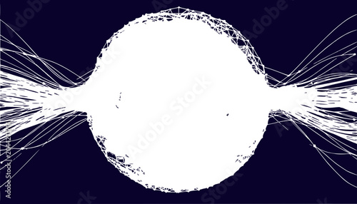 Abstract white sphere with radiating lines on dark blue background, digital art