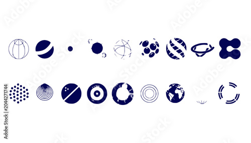 Abstract Geometric Shapes and Orbs in Dark Blue on White Background