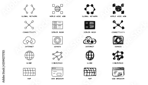 Doodle Icons Set: Global Network, Internet, Connectivity, Server, Web Browser, Map