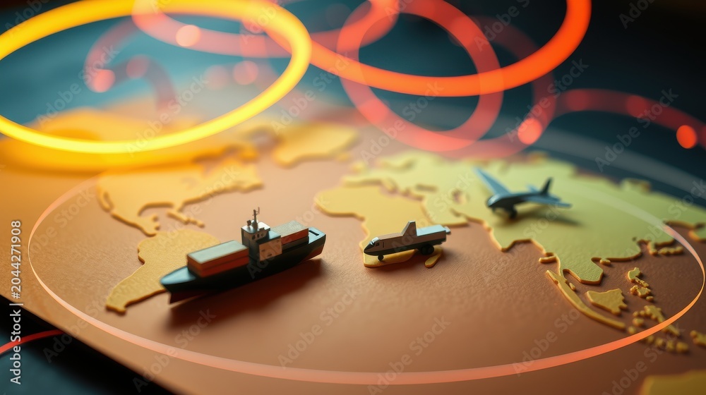 Fototapeta premium Global map displays military vessels, submarine, aircraft. Bright light trails suggest movement, connectivity, strategic operations.