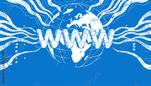 Global Internet Connection: Globe with WWW and abstract data streams on blue background