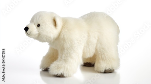 Stuffed polar bear toy, crafted with soft white fur, standing on its four legs, simple design