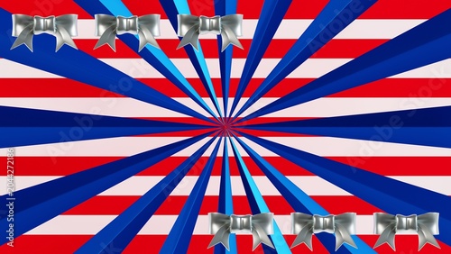 Abstract 16 lines spreading outwards over a frame, 6 silver ribbons, red and white striped background in vibrant 3D rendering wallpaper style for US Independence Day patriotic marketing concept.