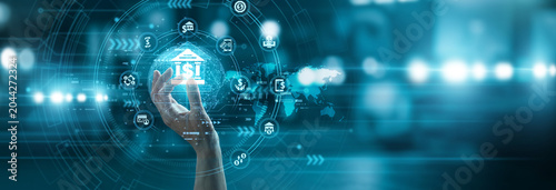 Schilderij op canvas Banker hand hold secure BANKING icon managing global financial transactions digital currency assets
