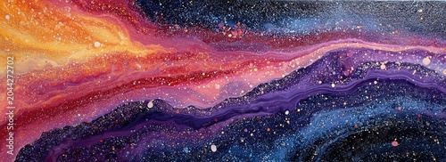Abstract cosmic swirls of orange, purple, and blue with glittering stars