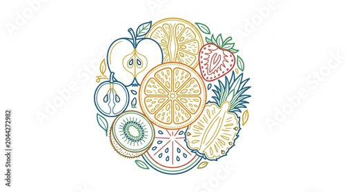 Canvastavla Circular arrangement of fresh fruit slices and whole fruits.