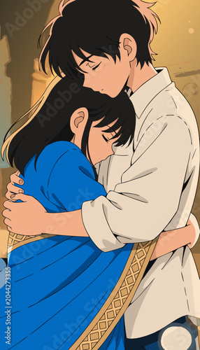 Young couple embracing tenderly in warm evening light with a feeling of longing and comfort illustration