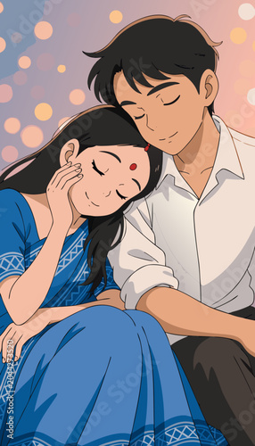 Young couple embracing with eyes closed during a festive night with bokeh lights illustration
