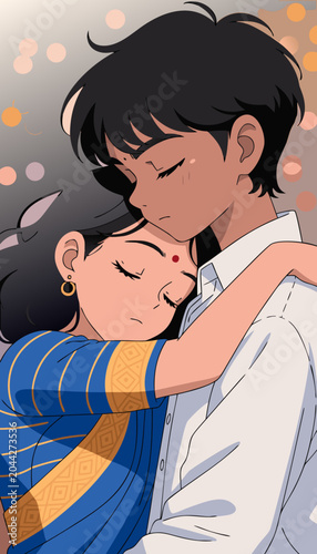 Young couple embracing with eyes closed during a romantic evening celebration with bokeh lights illustration