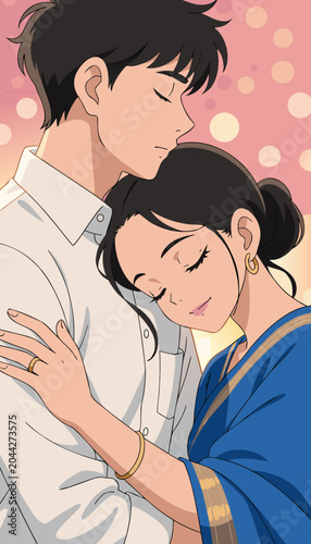 Young couple embracing with eyes closed during a romantic evening with soft bokeh lights in anime style