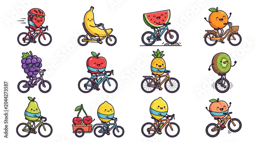 Collection of cartoon fruits riding bicycles in various poses.