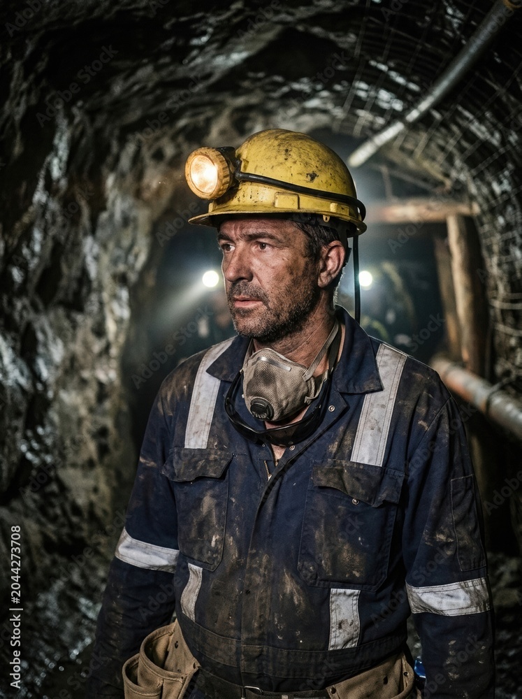 Obraz premium Underground miner working in active mine tunnel, Experienced miner standing inside underground mine tunnel, wearing helmet with headlamp, protective workwear and respirator, industrial extraction site
