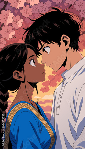 Young couple in love looking at each other with cherry blossoms in soft sunset light illustration