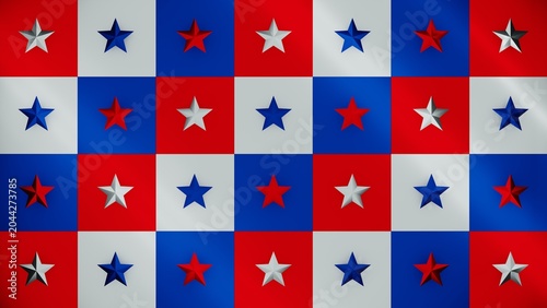 Metallic red, blue, white checkered pattern with silver stars shining. 3D abstract illustration wallpaper for festive USA Independence Day patriotic backdrop template for the Fourth of July.