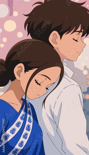 Young couple resting together in soft diffused light with gentle bokeh background illustration