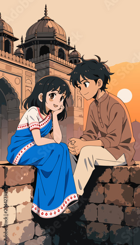 Young Indian couple in traditional attire sharing a moment near ancient architecture during twilight