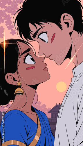 Young Indian couple sharing an intimate moment during a warm sunset glow romantic illustration