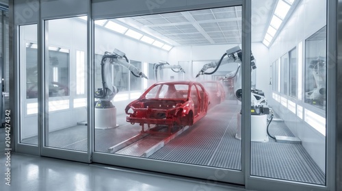 Robotic arms precisely spraying red paint onto a car body shell within a pristine industrial facility. Modern automotive manufacturing process, advanced automation.