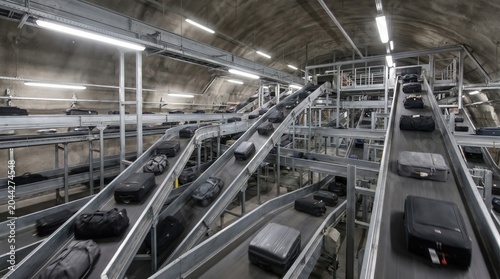 Suitcases and bags are moving on a complex network of conveyor belts. Automated baggage handling system in an industrial facility.