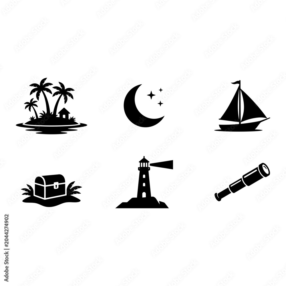 Fototapeta premium Nautical icon set, silhouette style, white background