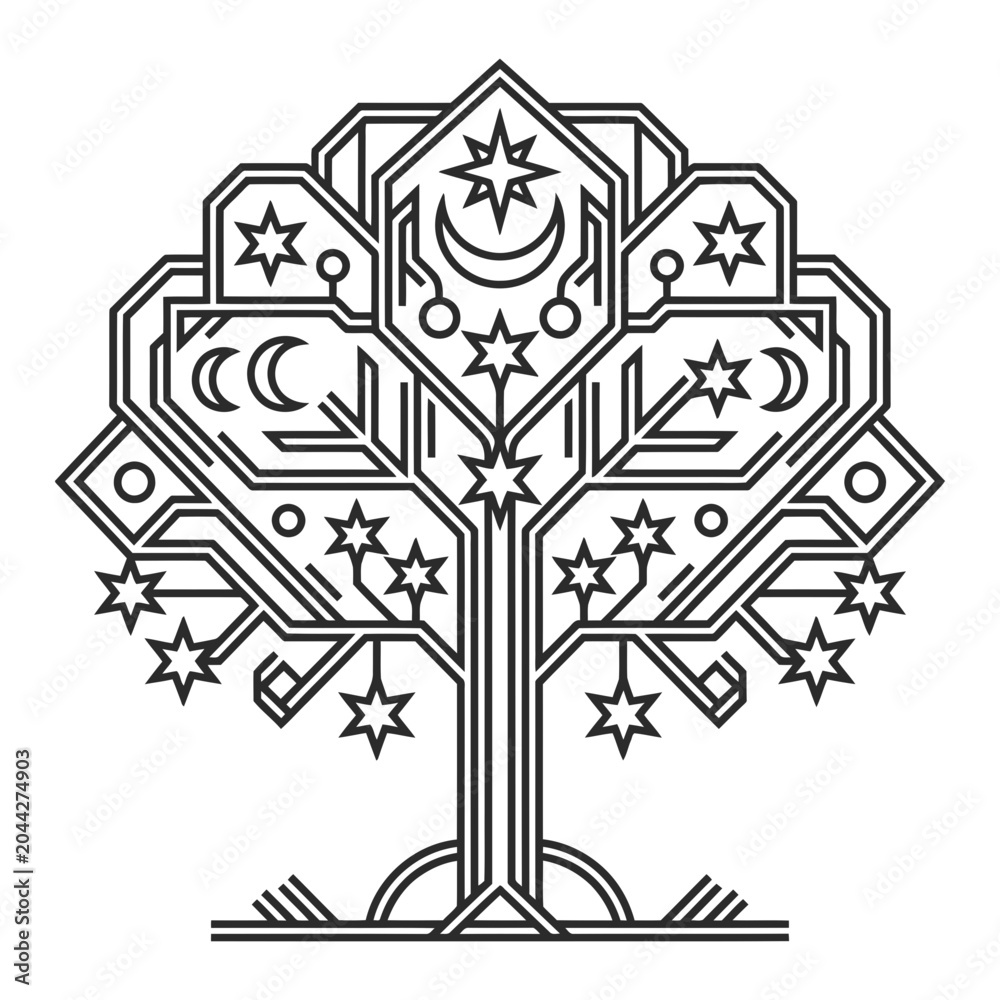 Fototapeta premium Tree icon with stars and moon, outline style, white background, vector illustration