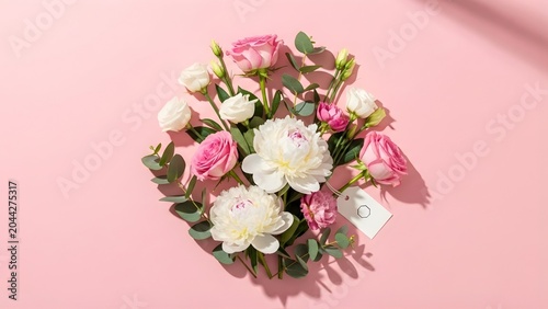 Elegant Flat Lay Floral Arrangement on Pastel Background – Styled Flower Composition for Wedding, Branding, Social Media, and Feminine Design